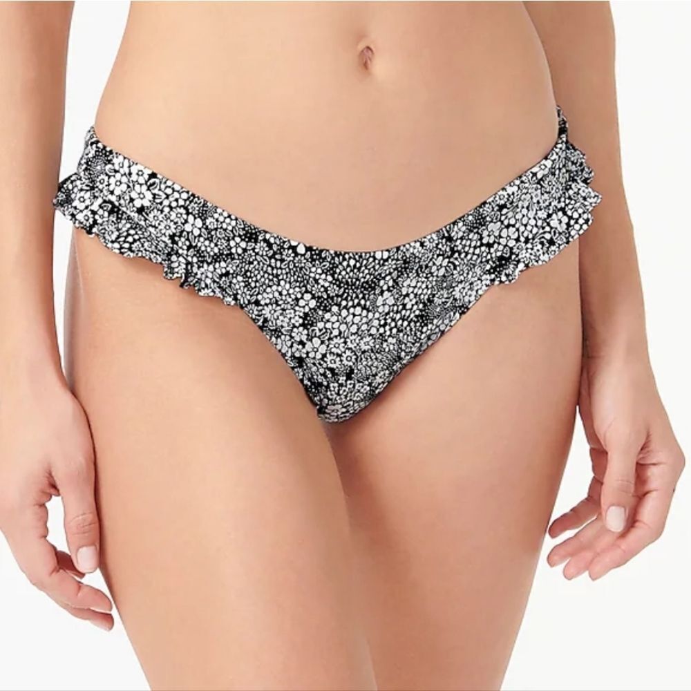 J.crew Valley Floral Ruffle Bikini Bottom Small Navy Blue Ivory Print